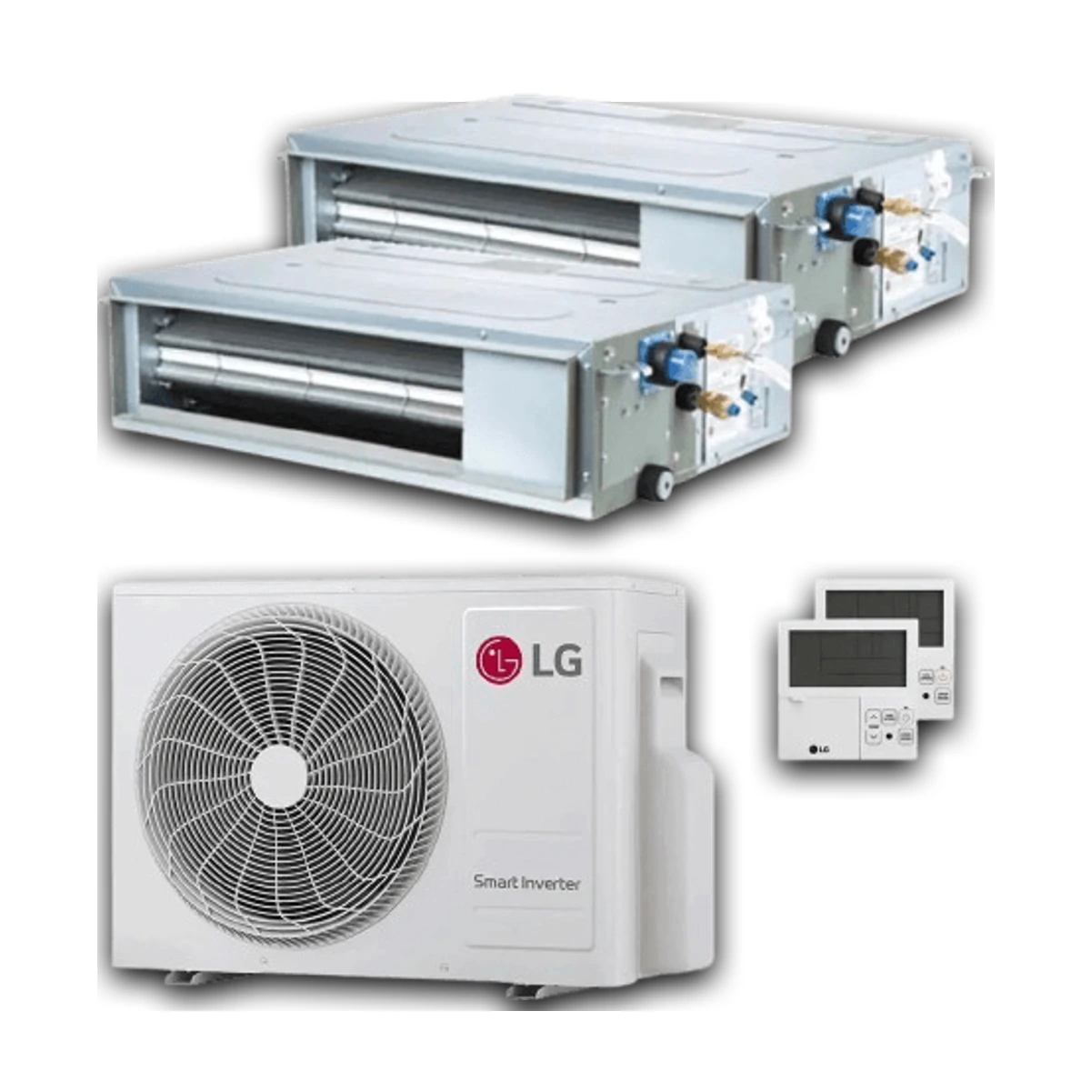 Kit lg dual split canalizzato: due unità interne canalizzate, unità esterna MU2R17 U13 e filocomandi